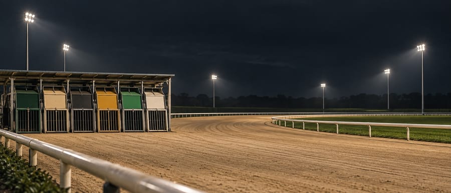 Empty greyhound traps on a floodlit sand track at night, ready for the next virtual race